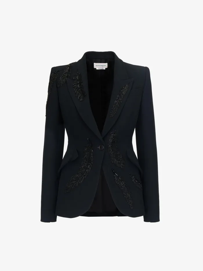 Women Jackets Alexander McQueen Feather Embroidery Peak Shoulder Jacket Black
