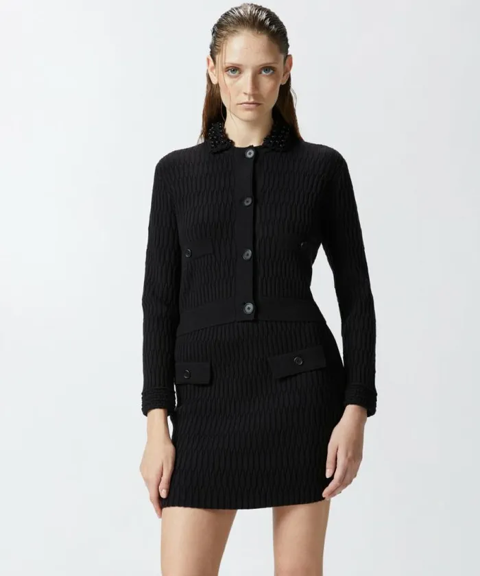 Women Jackets Pinko Short Knit Jacket With Beaded Crocheted Collar Limo Black