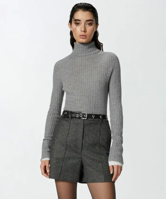 Women Knitwear Pinko Highneck Ribbed Cashmereblend Sweater With Lurex Cuffs Greywhite