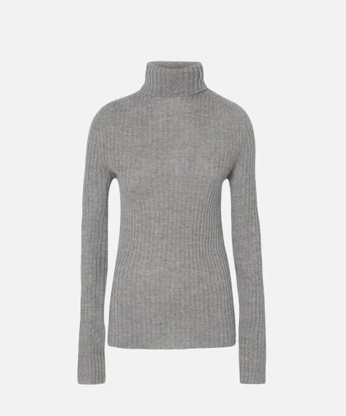 Women Knitwear Pinko Highneck Ribbed Cashmereblend Sweater With Lurex Cuffs Greywhite Women Knitwear Pinko Highneck Ribbed Cashmereblend Sweater With Lurex Cuffs Greywhite