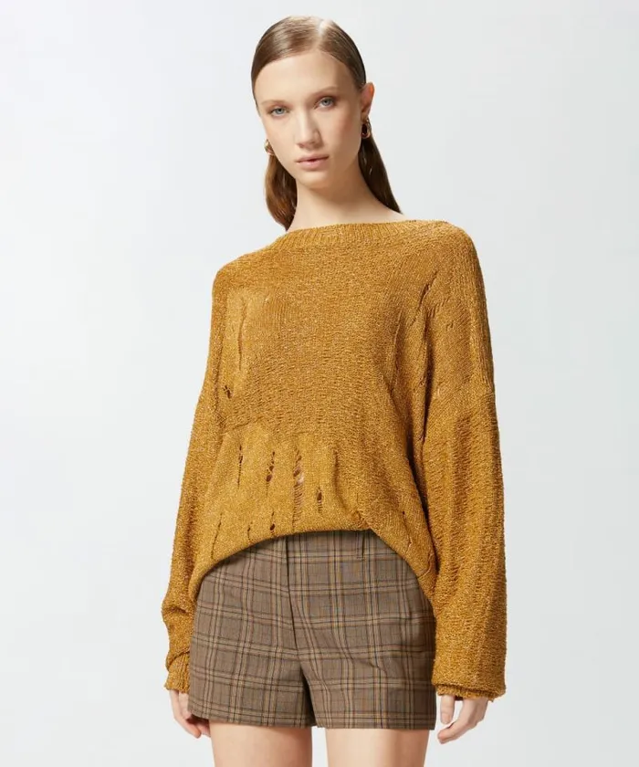 Women Knitwear Pinko Long Metallic Jacquard Sweater With Tears Mustardpale Gold