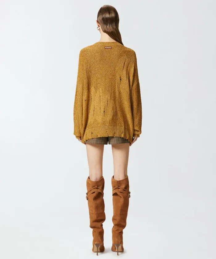 Women Knitwear Pinko Long Metallic Jacquard Sweater With Tears Mustardpale Gold Women Knitwear Pinko Long Metallic Jacquard Sweater With Tears Mustardpale Gold
