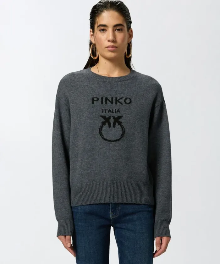 Women Knitwear Pinko PINKO Love Birds Pullover Greyblack Women Knitwear Pinko PINKO Love Birds Pullover Greyblack