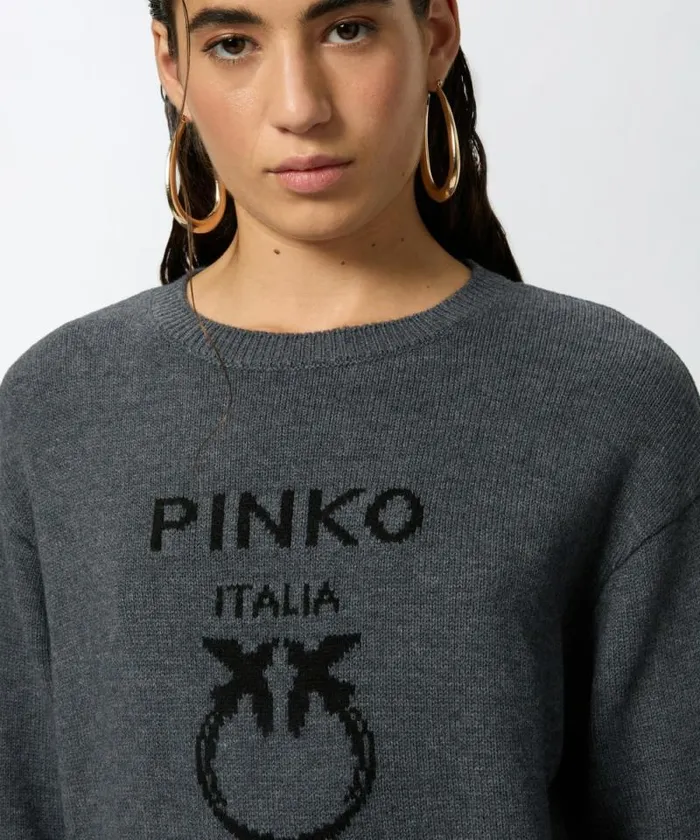 Women Knitwear Pinko PINKO Love Birds Pullover Greyblack Women Knitwear Pinko PINKO Love Birds Pullover Greyblack