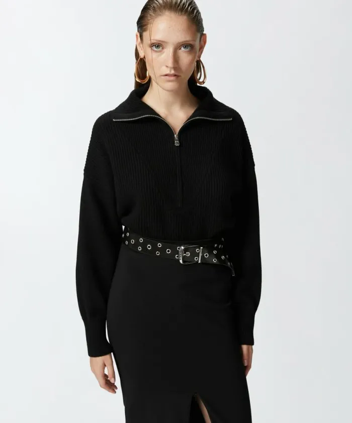 Women Knitwear Pinko Ribbed Jumper With Zip Neck Limo Black