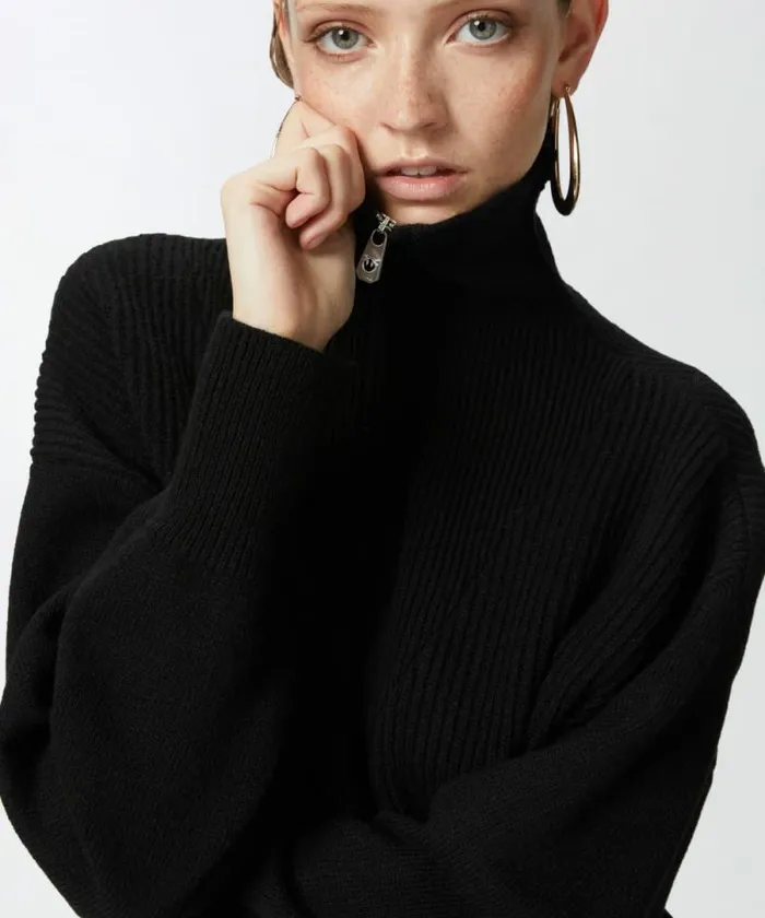 Women Knitwear Pinko Ribbed Jumper With Zip Neck Limo Black Women Knitwear Pinko Ribbed Jumper With Zip Neck Limo Black