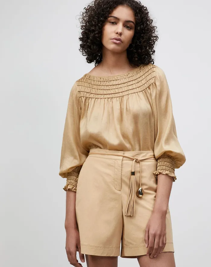 Women Lafayette 148 New York Blouses and Shirts Paley Blouse In Gemma Cloth Honeynut