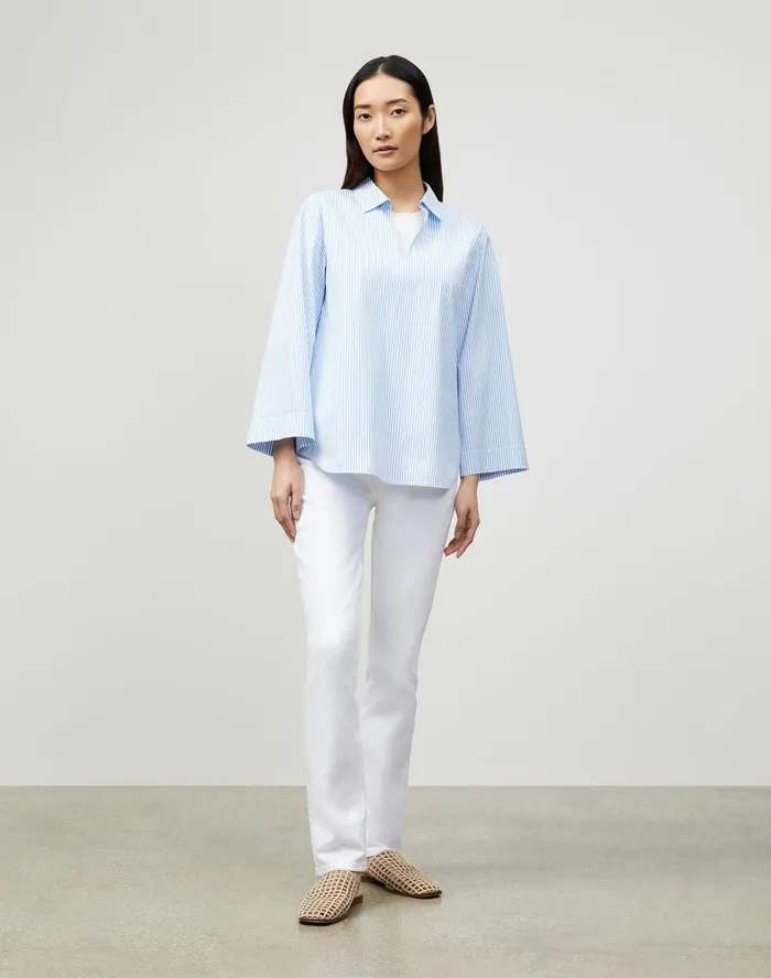 Women Lafayette 148 New York Blouses and Shirts Petite Pelham Shirt In KindCotton Courtland Stripe Fresh Blue Multi