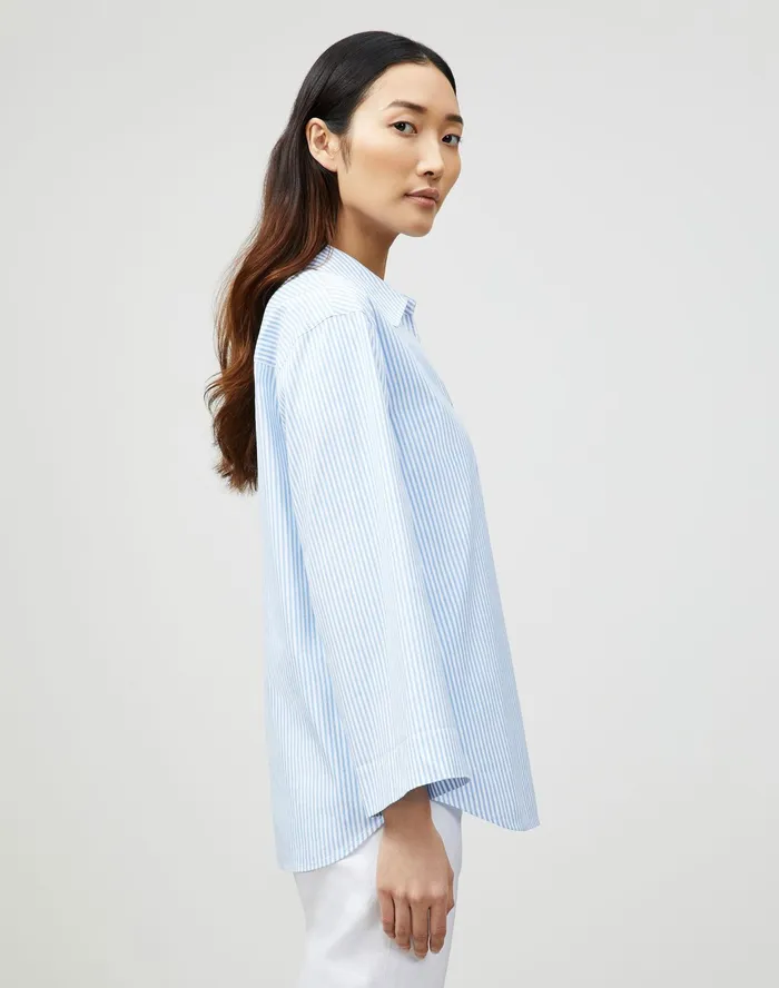 Women Lafayette 148 New York Blouses and Shirts Petite Pelham Shirt In KindCotton Courtland Stripe Fresh Blue Multi