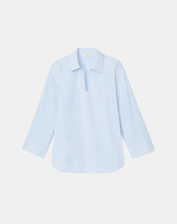 Women Lafayette 148 New York Blouses and Shirts Petite Pelham Shirt In KindCotton Courtland Stripe Fresh Blue Multi