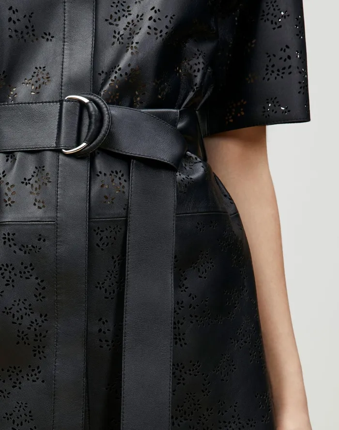 Women Lafayette 148 New York Leathers and Suedes Alyse Blouse In Petal Eyelet Italian Tuffato Lambskin Black