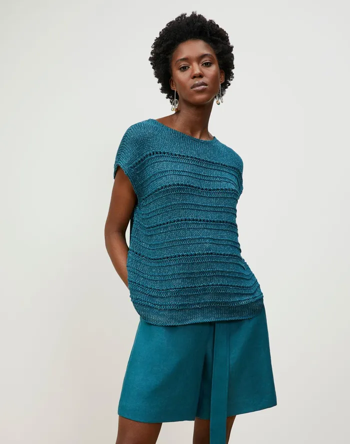 Women Lafayette 148 New York Sweaters Petite Cotton Silk Tape Bateau Neck Open Stitch Pullover Deep Lagoon Multi