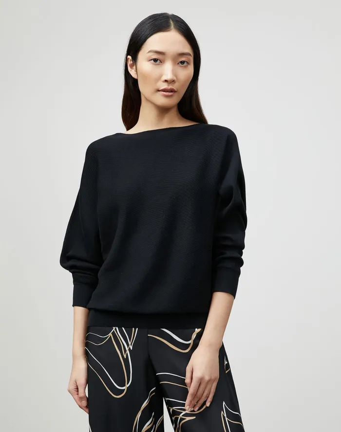 Women Lafayette 148 New York Sweaters PlusSize Cotton Silk Ribbed Asymmetric Sweater Black