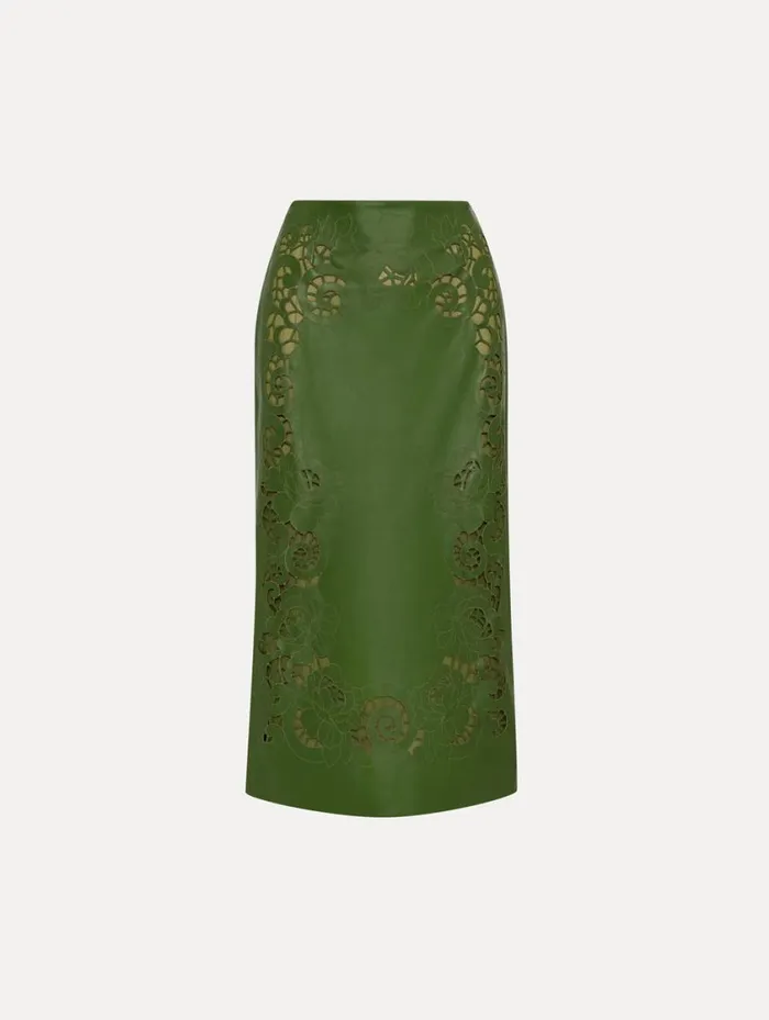 Women Laser Cut Floral Leather Pencil Skirt Fern Oscar De La Renta Pants and Skirts