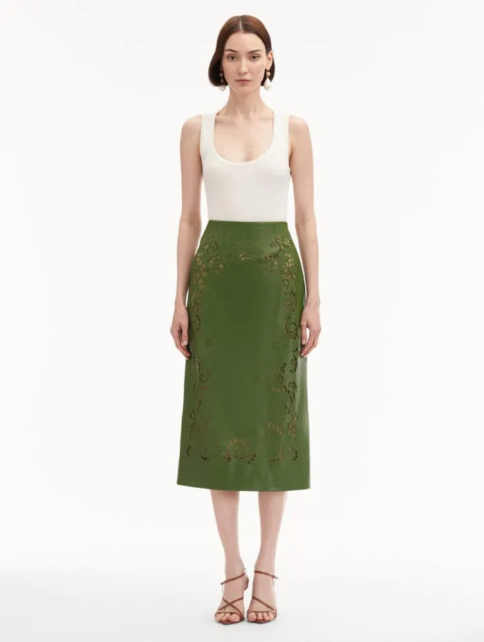 Women Laser Cut Floral Leather Pencil Skirt Fern Oscar De La Renta Pants and Skirts Women Laser Cut Floral Leather Pencil Skirt Fern Oscar De La Renta Pants and Skirts