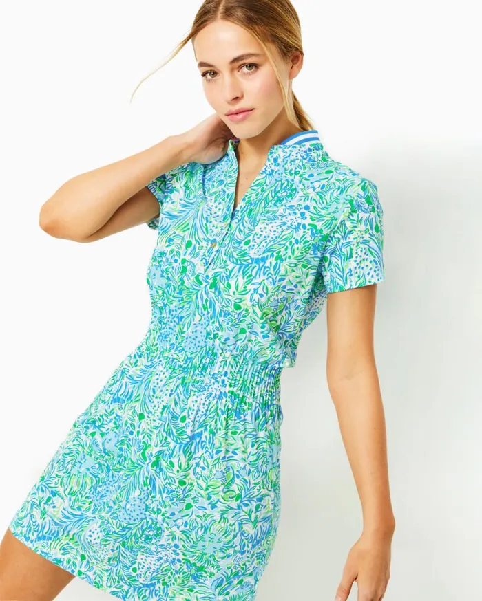 Women Lilly Pulitzer Activewear UPF 50 Luxletic Love Active Dress Hydra Blue Dandy Lions