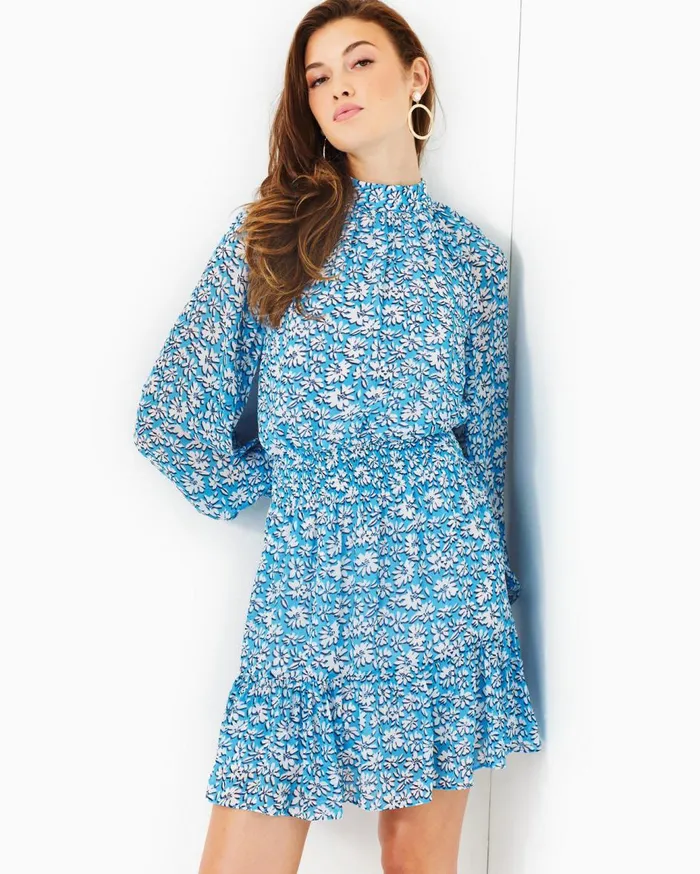 Women Lilly Pulitzer Dresses Ellielynn Long Sleeve Dress Lunar Blue Palm Beach Petals