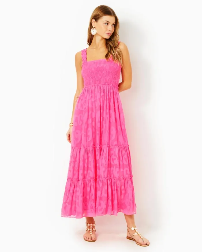 Women Lilly Pulitzer Dresses Hadly Smocked Maxi Dress Mizner Red Poly Crepe Swirl Clip