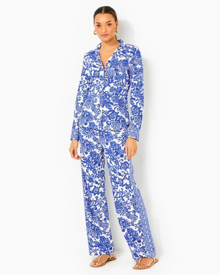 Women Lilly Pulitzer Matching Sets UPF 50 Marlena Button Down Top and Grenada Knit Pant Set Deeper Coconut Ride With Me Engineered Chillylilly