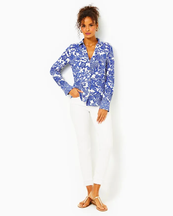 Women Lilly Pulitzer Matching Sets UPF 50 Marlena Button Down Top and Grenada Knit Pant Set Deeper Coconut Ride With Me Engineered Chillylilly