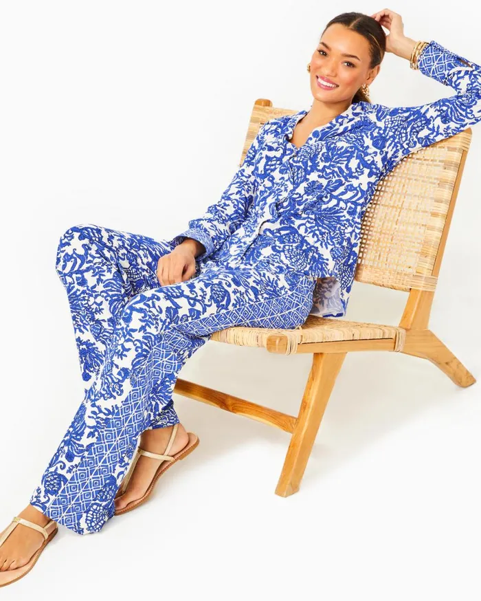 Women Lilly Pulitzer Matching Sets UPF 50 Marlena Button Down Top and Grenada Knit Pant Set Deeper Coconut Ride With Me Engineered Chillylilly