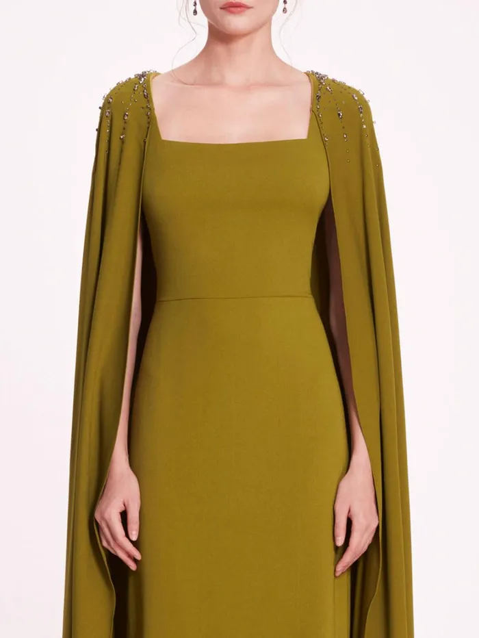 Women Marchesa Dresses Embellished Cape Gown Olive Women Marchesa Dresses Embellished Cape Gown Olive