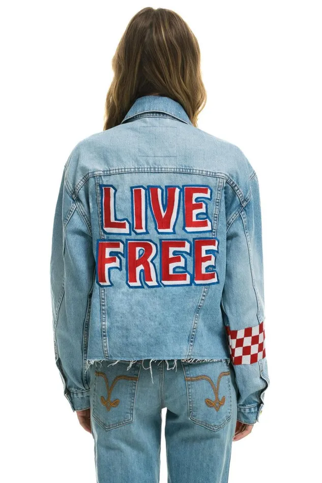 WomenMen Denim Aviator Nation Live Free Oversized Crop Denim Jacket 8211 Super Light