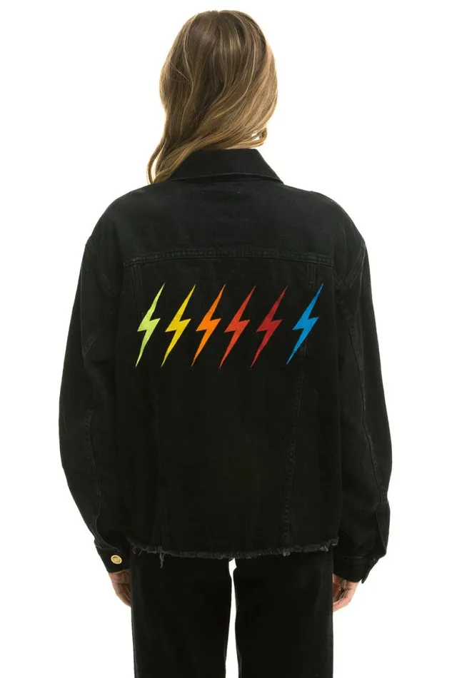 WomenMen Denim Aviator Nation Rainbow Bolt Oversized Crop Denim Jacket 8211 Vintage Black