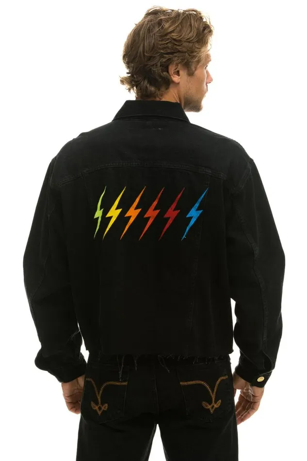 WomenMen Denim Aviator Nation Rainbow Bolt Oversized Crop Denim Jacket 8211 Vintage Black
