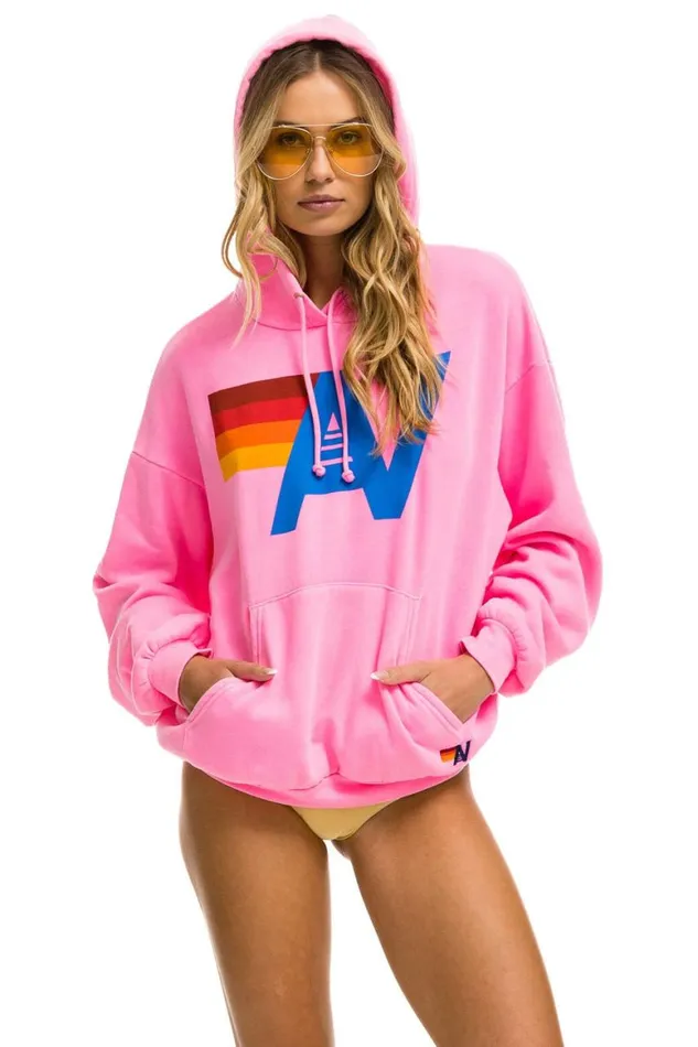WomenMen Hoodies Aviator Nation Logo Pullover Relaxed Hoodie 8211 Neon Pink
