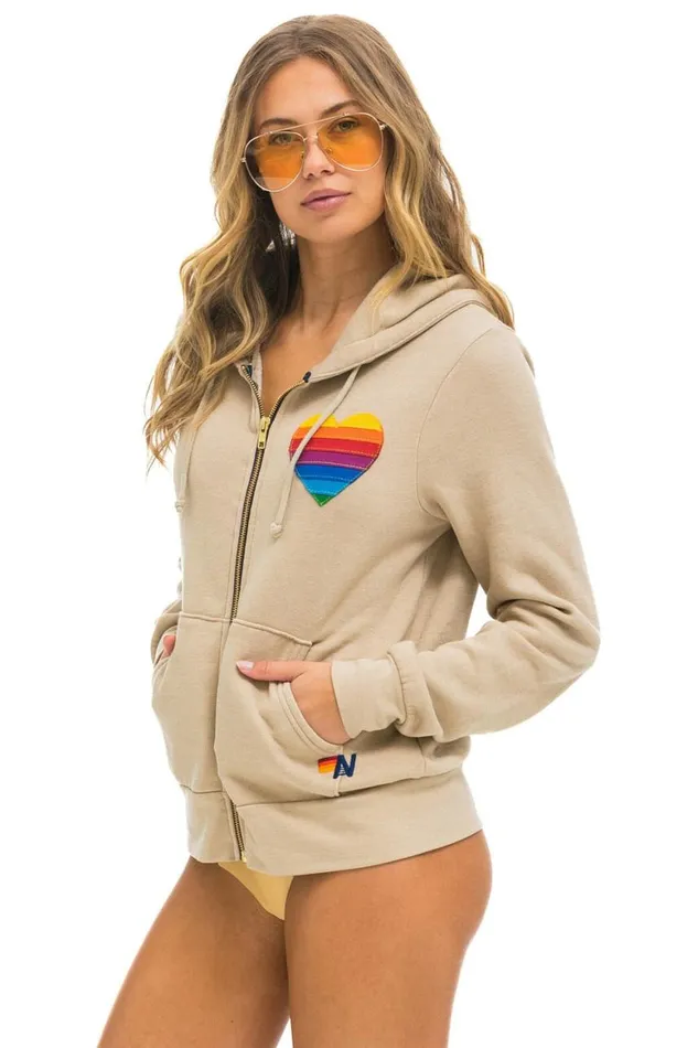 WomenMen Hoodies Aviator Nation Rainbow Heart Stitch Zip Hoodie 8211 Sand