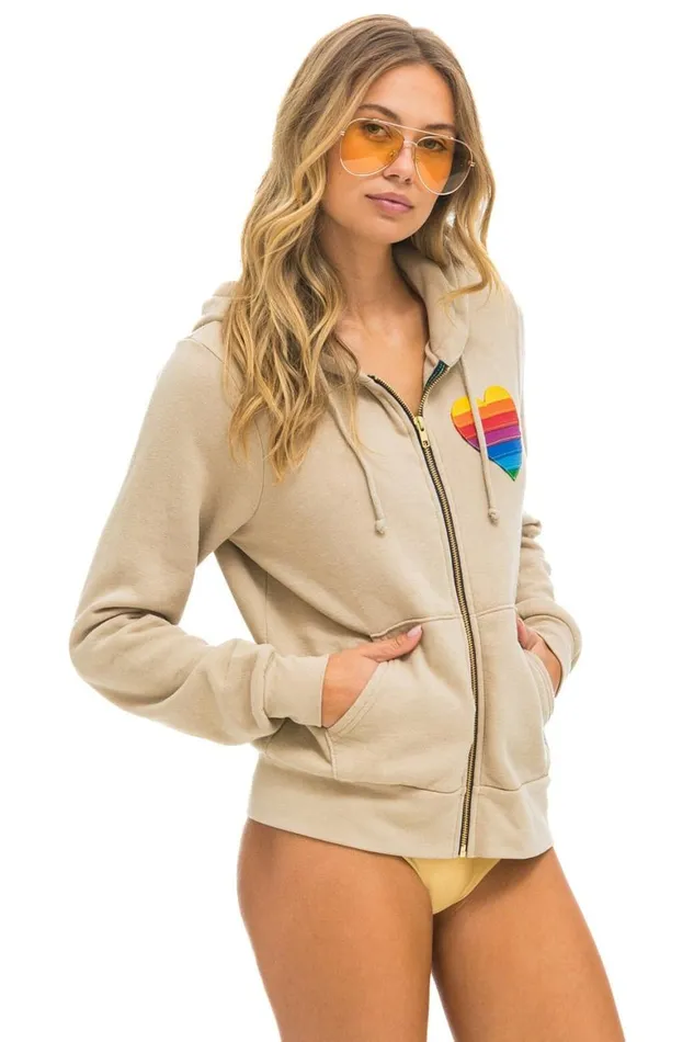 WomenMen Hoodies Aviator Nation Rainbow Heart Stitch Zip Hoodie 8211 Sand