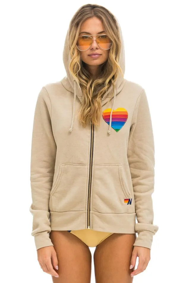 WomenMen Hoodies Aviator Nation Rainbow Heart Stitch Zip Hoodie 8211 Sand