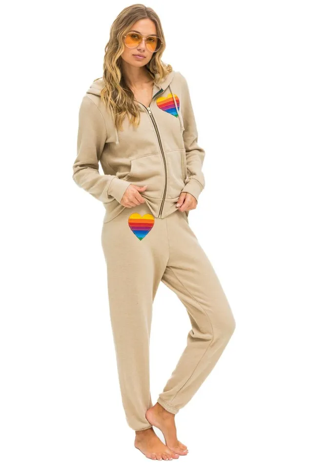 WomenMen Hoodies Aviator Nation Rainbow Heart Stitch Zip Hoodie 8211 Sand