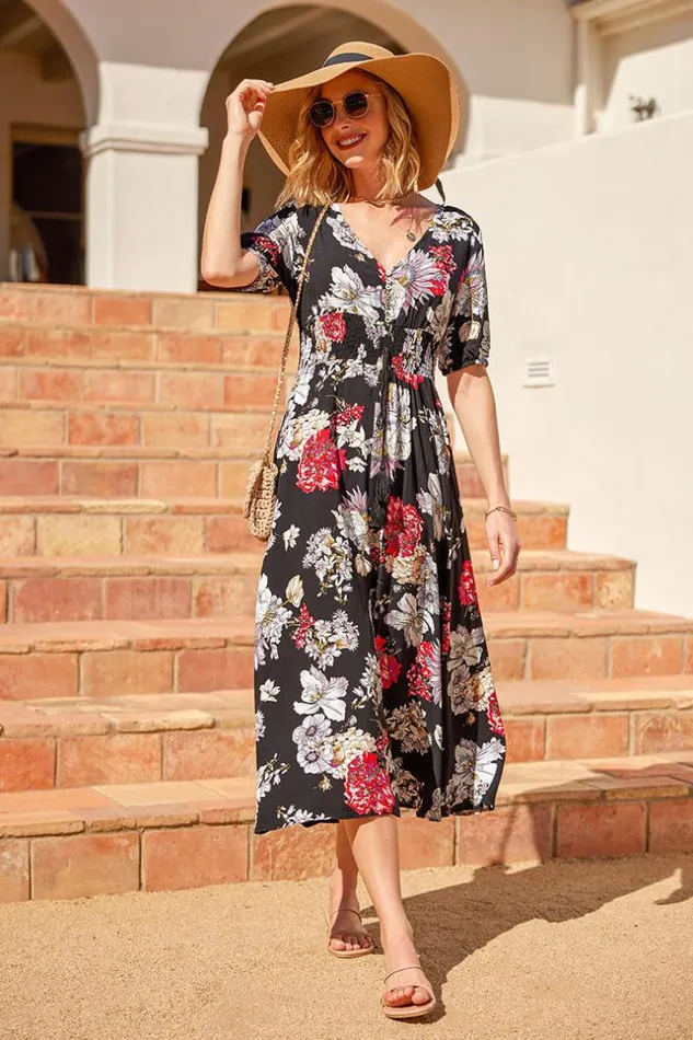 Women Midi Dresses Cupshe Cofete Vneck Short Sleeve Fitted Waisted AShape Dress Multicolor
