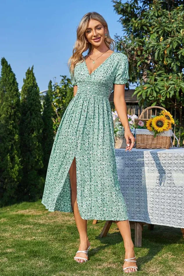 Women Midi Dresses Cupshe Courtney Ditsy Plunge AShape Dress Green