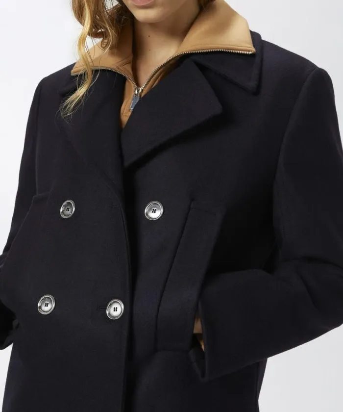 Women Outerwear Pinko Short Doublebreasted Woolblend Pea Coat Dark Navy Blue Women Outerwear Pinko Short Doublebreasted Woolblend Pea Coat Dark Navy Blue