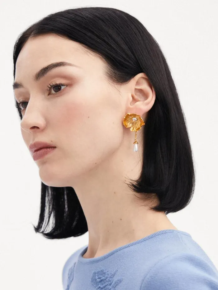 Women Pearl Drop Flower Earrings Pearl Oscar De La Renta Earrings Women Pearl Drop Flower Earrings Pearl Oscar De La Renta Earrings
