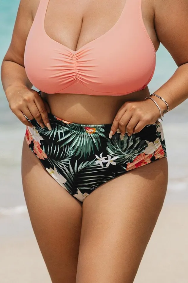 Women Plus Size and Curve Bikinis Cupshe Diamond Floral High Waist Plus Size Bikini Bottom Multicolor