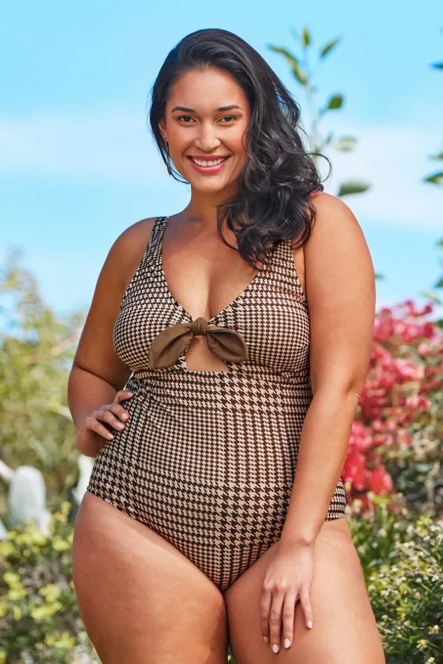 Women Plus Size and Curve Swimsuits Cupshe Rachel Houndstooth Plus Size One Piece Swimsuit Brown