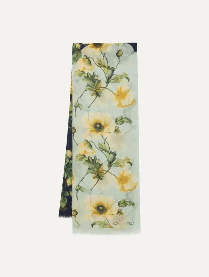 Women Poppies and Grapes Modal Cashmere Scarf Sage Yellow Oscar De La Renta Scarves