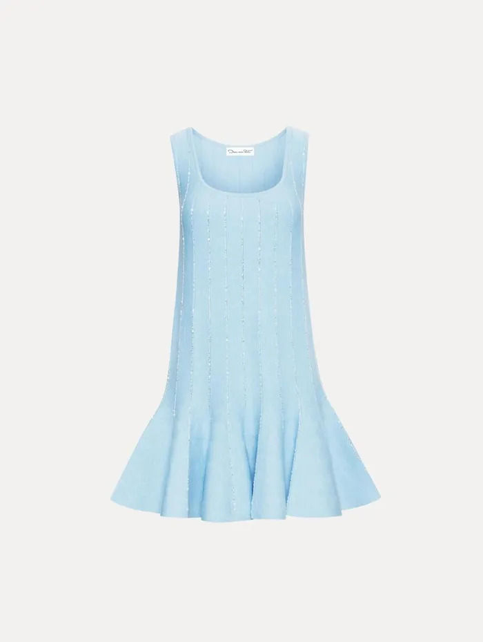Women Sequin Embroidered Knit Mini Dress Light Blue Oscar De La Renta Dresses