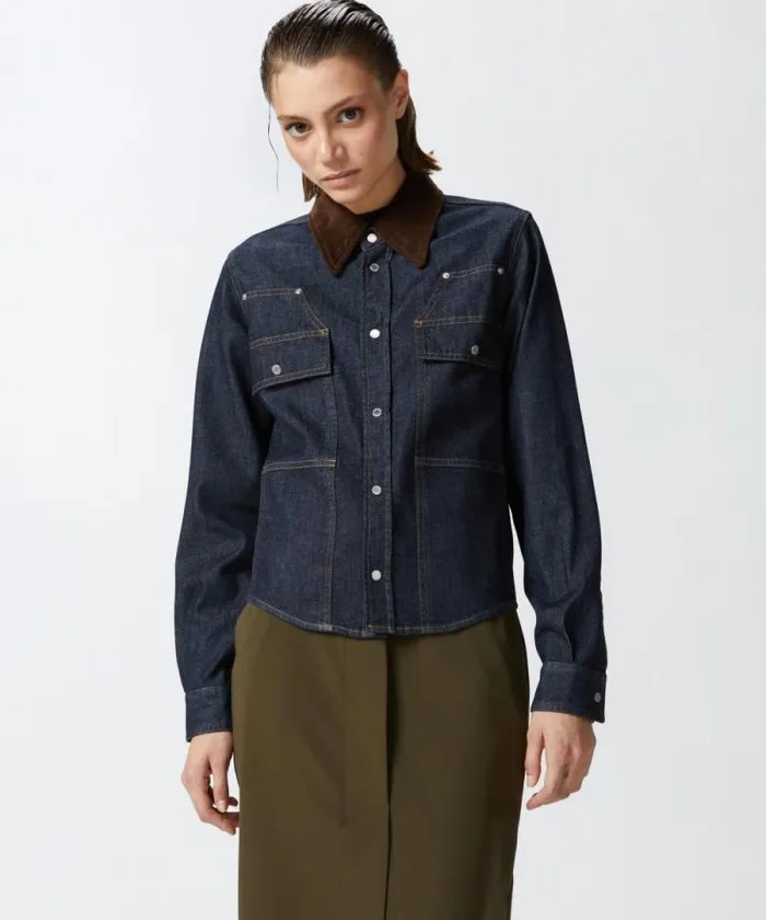Women Shirts And Blouses Pinko Dark Blue Denim Shirt With Needlecord Collar Dark Navy Rinse Wash