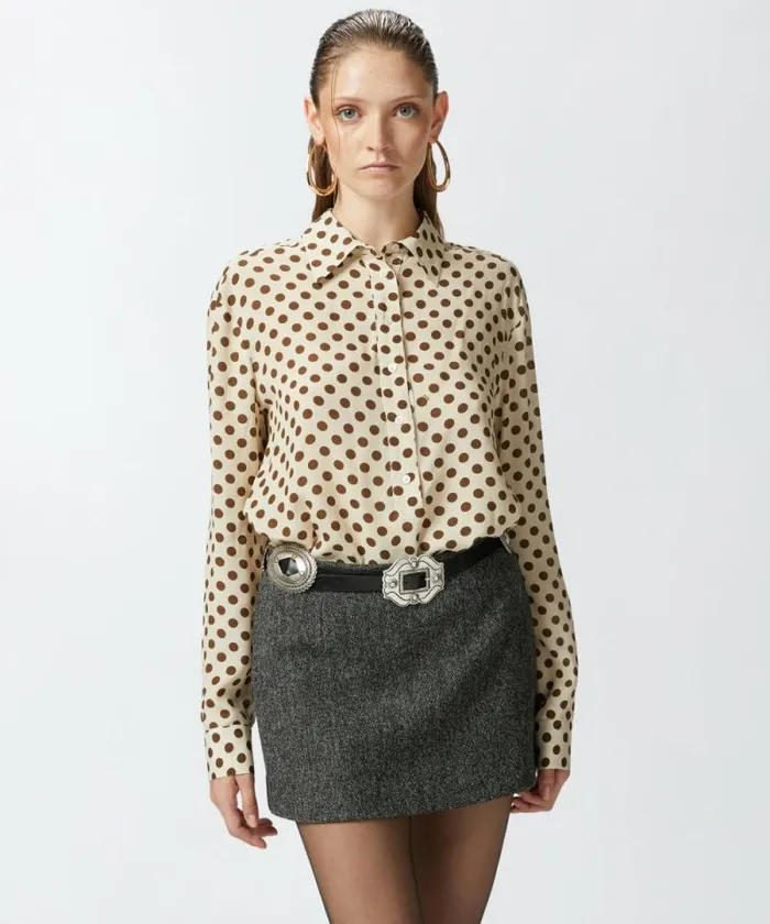Women Shirts And Blouses Pinko Polkadot Polo With Long Sleeves In Crepe Beigebrown