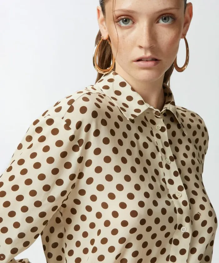Women Shirts And Blouses Pinko Polkadot Polo With Long Sleeves In Crepe Beigebrown Women Shirts And Blouses Pinko Polkadot Polo With Long Sleeves In Crepe Beigebrown