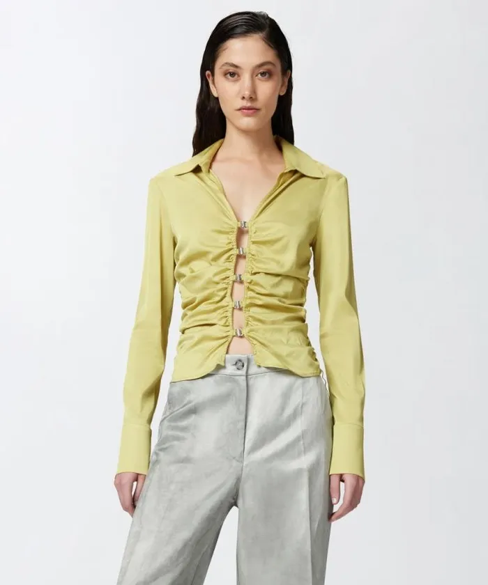 Women Shirts And Blouses Pinko Shiny Shirt With Gathering And Back Opening Shade Green