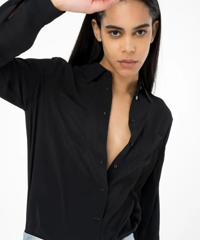 Women Shirts And Blouses Pinko Silkblend Shirt With Breast Pocket Limo Black Women Shirts And Blouses Pinko Silkblend Shirt With Breast Pocket Limo Black