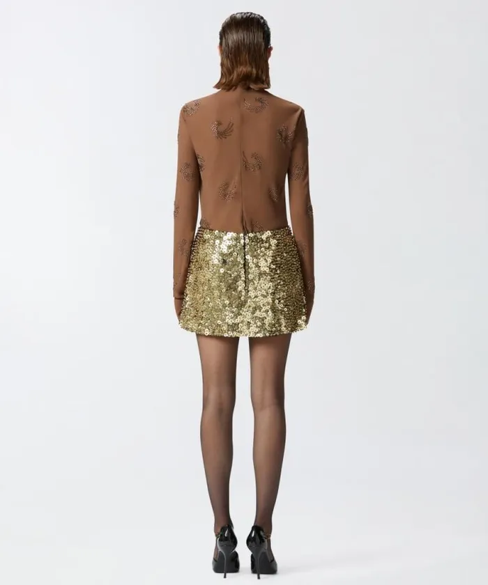 Women Skirts Pinko Mini Skirt With Golden Sequins And Rhinestones Goldcrystal Women Skirts Pinko Mini Skirt With Golden Sequins And Rhinestones Goldcrystal