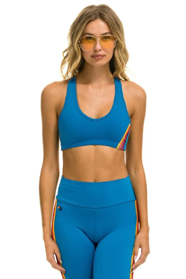 Women Sports Bras Aviator Nation 5 Stripe VCut Sports Bra 8211 Carribean