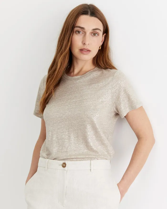 Women Sportscraft Tops and Tees Tonia Foil Linen Tee Champagne